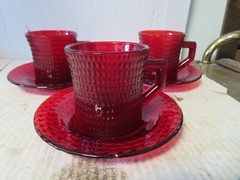 Ruby Red Hobnail Bumpy Texture Heavy Glass Cups and Saucers 3 Sets