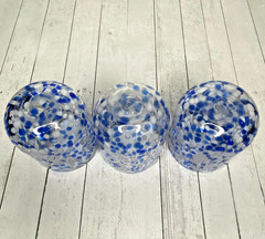 Blue White Confetti Hand Blown Lowball Tumbler Glasses Speckled Swirl Art Glass