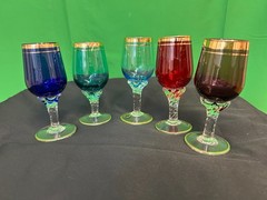 Vtg Italian Muti-color 24K Gold Trimmed Cordial Glasses Set of 5 Twisted Stem
