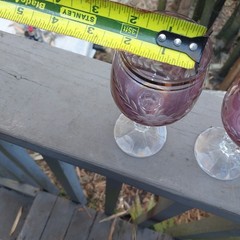 Six 6 Purple Cranberry Engraved Floral Cut to Clear Wine Glasses Goblets Vintage