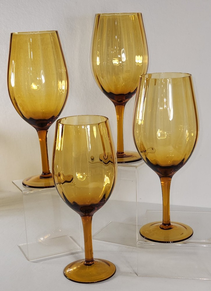 Set 4 Amber Empoli Art Glass Optic Paneled Blown Wine Glass 8.25″