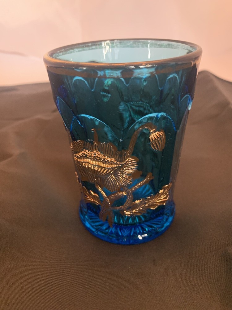 Vintage Northwood EAPG Oriental Poppy Blue Glass Tumbler