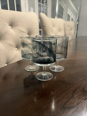 Blue Smoke Crystal Wine Glasses Barrel Bowl Clear Short Stem Hand Blown 5″ Tall