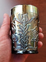 Silvery Bue Fenton Carnival Glass Fluffy Peacock Pattern Tumbler