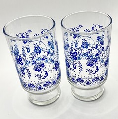 Vintage Blue Floral Juice Glasses, Blue Onion Pattern, Glassware