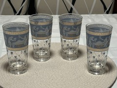 4 Vintage Hellenic Greek Gold Key Style Blue & White Jeanette Glass Tall Tumbler