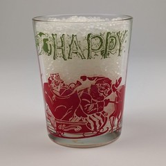 Three 4.5 in Tall Vtg Happy Holidays Glasses Santa Sleigh Reindeer Red Green