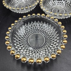 Vtg Depression Era Diamond Point 6 Pc Glass Relish Berry Bowl Beaded Gold Trim