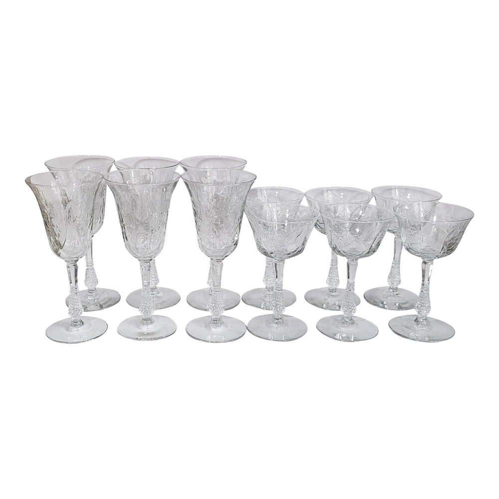 SET of 12 Vintage 20th C Etched 6x Wine & 6x Cocktail CRYSTAL Goblet GLASSES