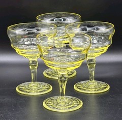 Set of 4 Topaz Uranium Glass Sherbet Champagne Coupes Glasses Depression Glow