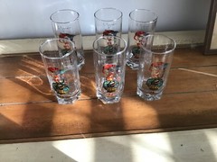 RARE SIGNED C. GUZMAN MEDIEVAL 6PC COLORFUL HIGHBALL GLASSES.