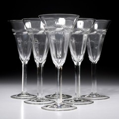 Vtg Etched Crystal Leaf Border Flared Optic Red Wine Glass 6pc Lot 7.75″h