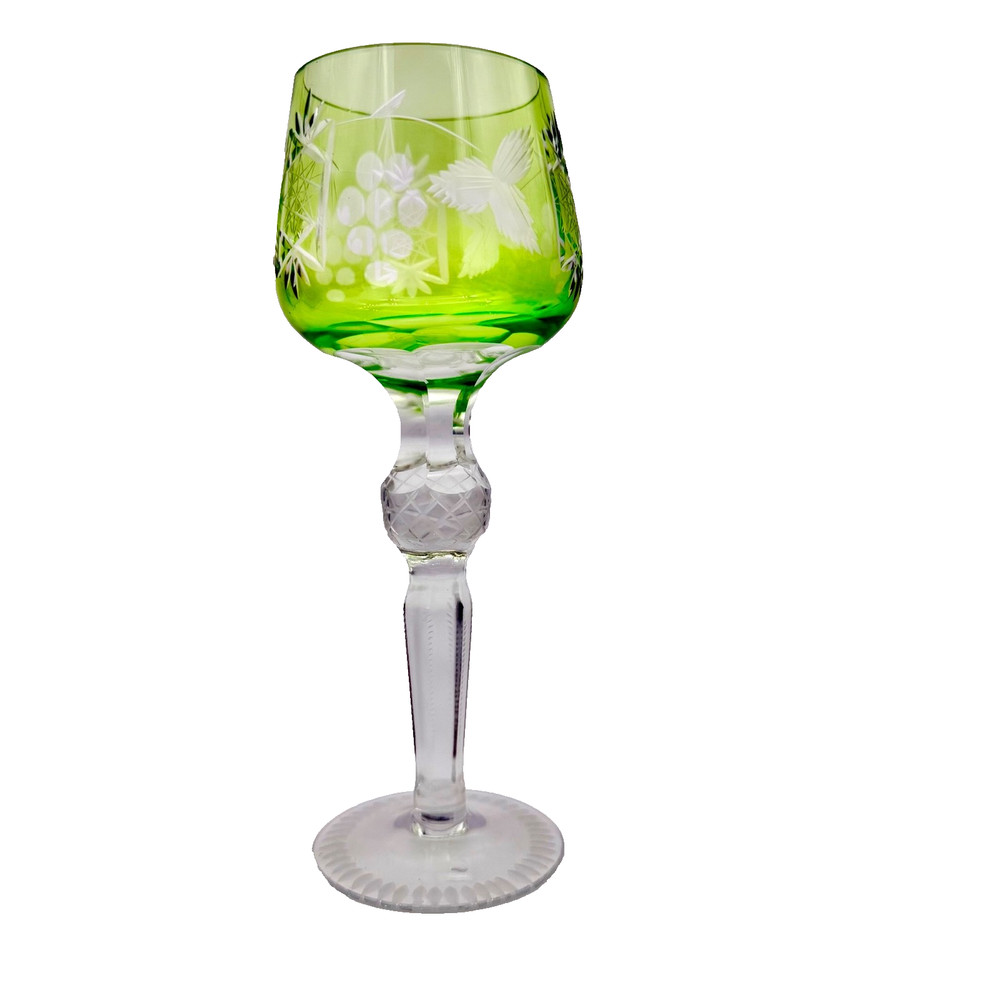 Ajka Marsala Emerald Green Cut to Clear Crystal Hock Wine Glass Roemer 8.25″
