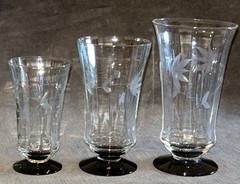 16 Piece Weston Set Black Footed Juice Glass Louis Panel Etched Floral Optic MCM