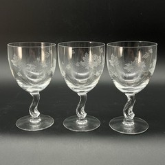 Set 3 Etched Maple Leaf Wine Glasses Twisted Stem Clear Goblets