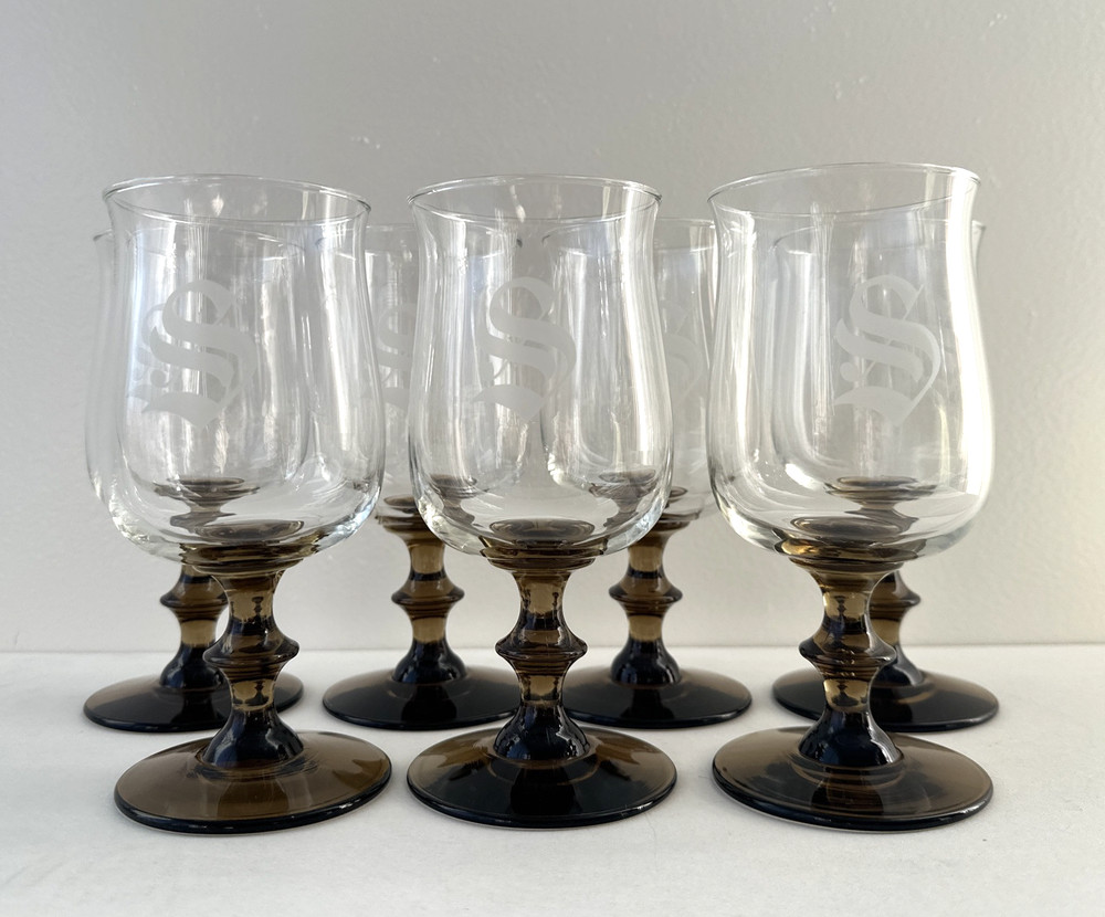 Set of 7 vintage Libbey Premier Tulip Smokey Quartz Glass Goblets 6-1/2″H 12 oz