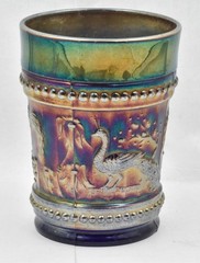 Antique Northwood Carnival Glass Peacock @ The Fountain Tumbler Cobalt Blue Base