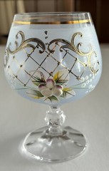 2 Vintage Gold Trim 3D Raised Flowers Wine Glasses 4 3/4″ Pale Blue FF