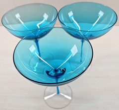 (3) Pier 1 Blue Drip Martini Glasses Set Elegant Table Dining Clear Stemware Lot