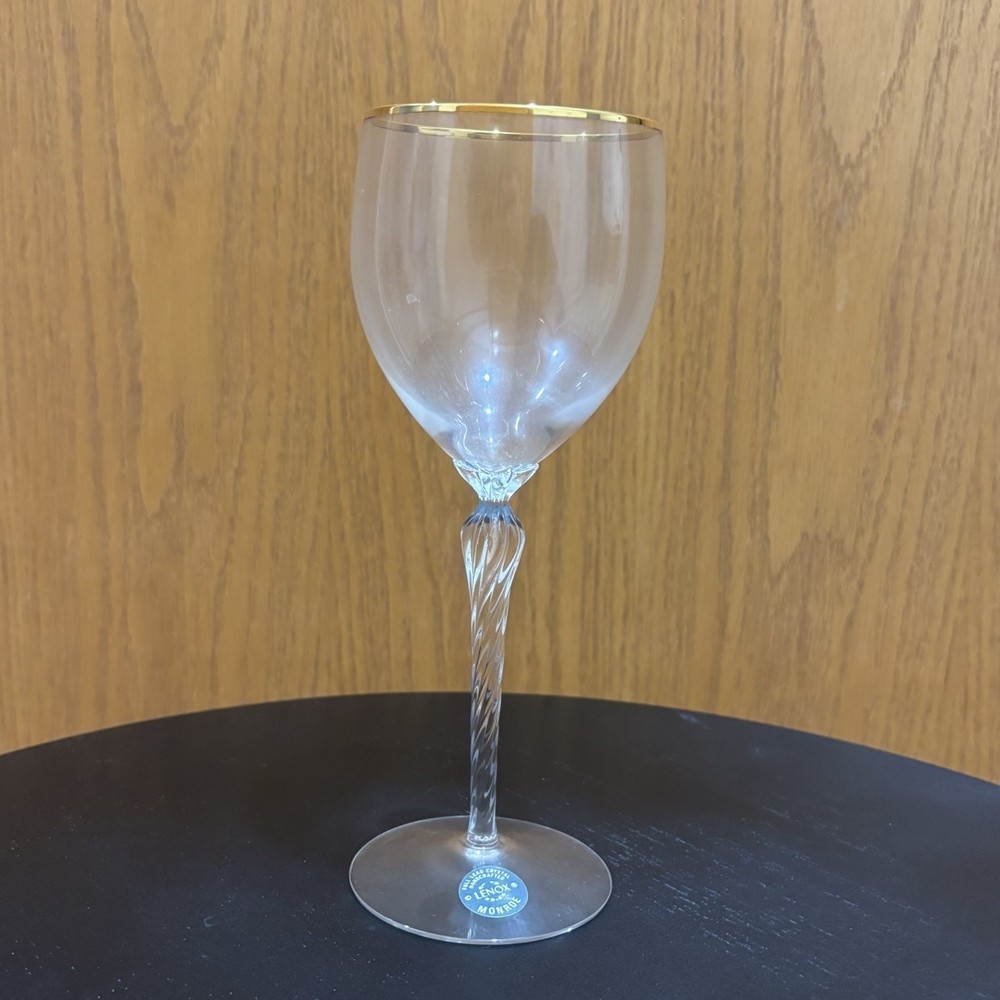 Lenox Monroe Crystal Gold Rim Wine Glass 7 5/8” Tall Twisted Stem Original Label