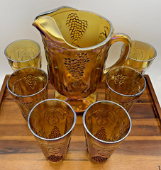 Vintage Full Set Harvest Carnival Glass Colony Amber Gold 14 oz Tumblers Pitcher