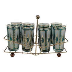 Vtg 60s MCM Green Gold Diamind Pattern Set 8 Drinking Glasses Tumblers W/ Caddy