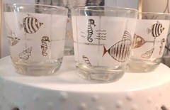 6 Libbey MCM Vintage Atomic Fish Low Ball Glasses 22K Nautical Mid-Century