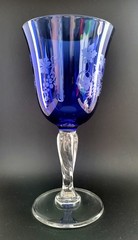 Vintage Cobalt Blue Water Goblet Clear Stem Frosted Grape Leaf Design