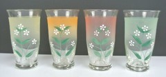 4 Emaneled Frosted and Clear Glass Tumblers Hand Painted Red,Green,Orange,Yellow