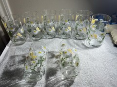Vintage 1970s Libbey Daisy and Butterfly Glasses Set of 8 Tall 16oz Tumblers