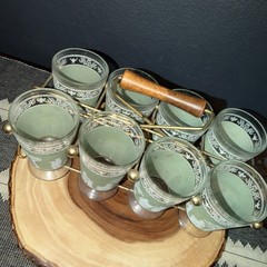 AS-IS 8 VTG Greek Mythology Wedgwood-? Glasses w Carrier Barware MCM SEE PICS
