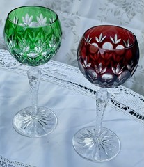 2 Godinger Dynasty Ajka Florderis Cut to Clear Hock Wine Goblets Emerald&RubyRed