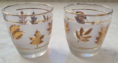 2 Vintage Libbey frosted gold foil leaf juice cocktail drinking glasses 3 /12”
