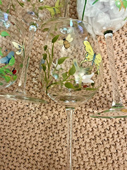 VTG Lenox Butterfly Meadow Hand Painted Crystal Wine Glasses Goblet Set of 7