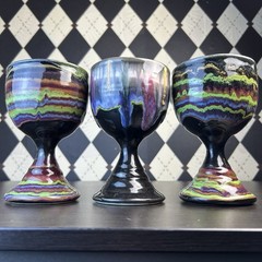 Signed D. Lesser Studio Pottery Goblets, Stoneware Set of 3, 6 Inches Tie & Dye