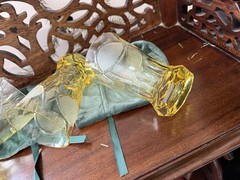 Antique Bohemian Crystal Cups Cut Amber Glass Inwald Austria Art Deco Fish 1930s