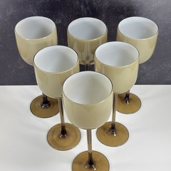Set 6 Carlo Moretti Tall Long Stem Wine Glasses Cased Glass Tan Taupe White 9″