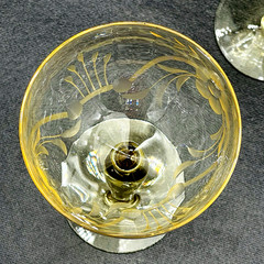 5 Champagne Sherbet Glasses 5.75” Optic Topaz Yellow Crystal Etched Flowers