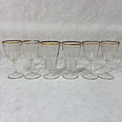 Gold Rimmed Clear Glass Lot of 6 Wine Glasses & Goblets Iced Tea 6-5/8″ Ribbed