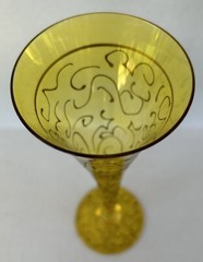 Art Glass Tall Champagne Flutes 10″ Yellow Hand Painted Swirl Set of 5 Romania