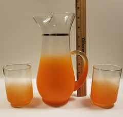 Vintage 50s 60s Blendo Frosted Ombre Orange Pitcher and 2 Glasses w/ Gold Rims