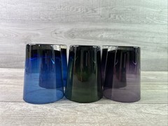 Lot Of 6 Deep Colored Juice Glasses 4.5″ Tall 2-Purple 2-Green 2-Blue Unbranded