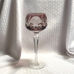 BOHEMIAN STYLE WINE GLASS 7 5/8″ AMETHYST PURPLE CUT TO CLEAR CRYSTAL BOHEMIA