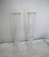 2 CHAMPAGNE WINE TALL THIN TOASTING GLASS GOBLETS GOLDEN RIM TRIM Box06