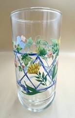 Set Of 6 Vintage 6” Water Glasses Blue Gate Fence Trellis W/ Flowers Vines MCM