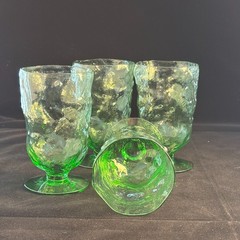 Morgantown Glass Crinkle Shamrock Green Footed Pedestal Water Goblet Set of 4