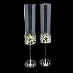 Set of 2 Glass Cylinder Toasting Flutes Set Silver Star Cluster Base Unique