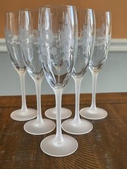 Vintage Lead Crystal Hummingbird Glasses Champagne Flutes Frosted Stems Set of 6