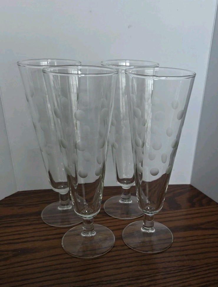 Set Of 4 VTG Libbey 50s-60s Frosted Etched Polka Dot Pilsner Glasses 8.25” H