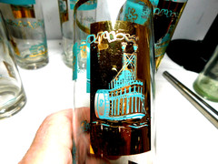 6 Vintage Libbey Southern Comfort Riverboat Highball Glass Tumblers/ Aqua+ Gold